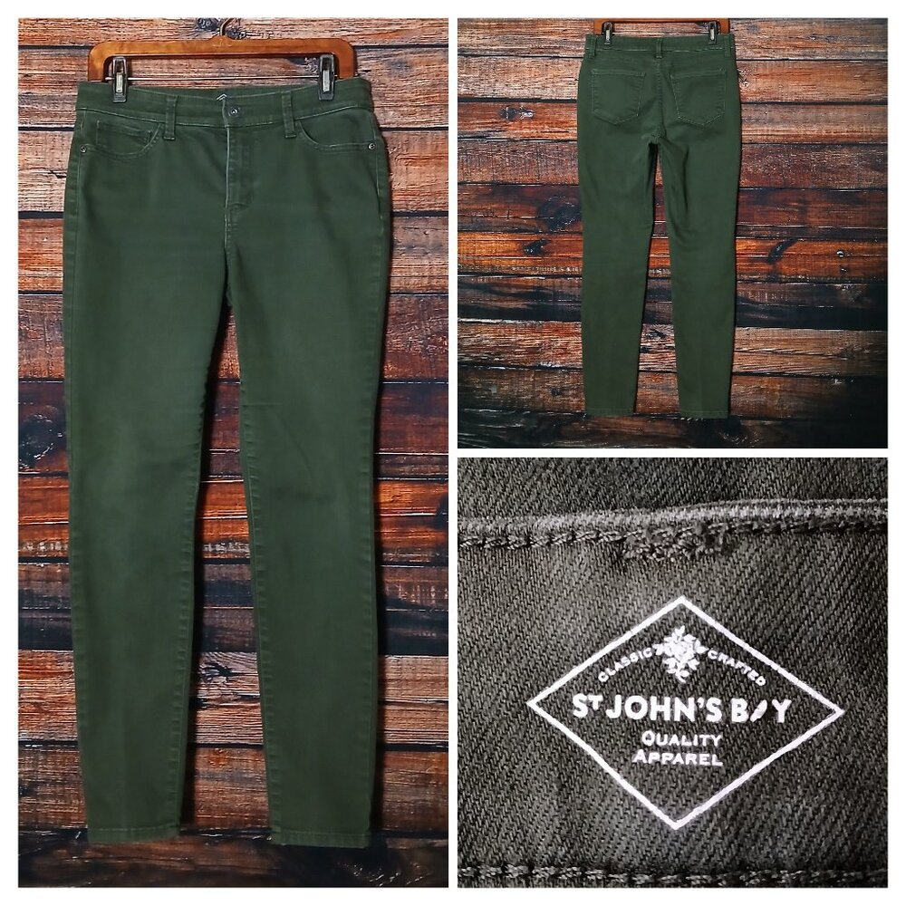 St Johns Bay Jeans 8 Skinny Leg Mid Rise Forest Green Denim Stretch